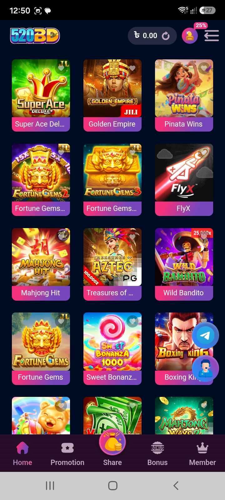 520BD game lobby grid showing Super Ace Deluxe, Golden Empire, Fortune Gems and other slot titles