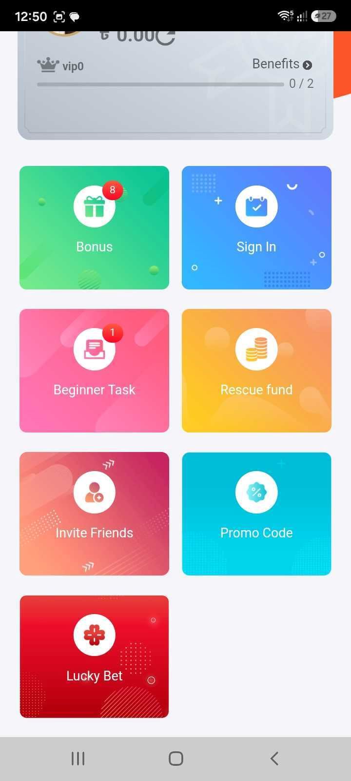 520BD rewards screen showing Bonus, Sign In, Beginner Task, Rescue fund, Invite Friends, Promo Code and Lucky Bet